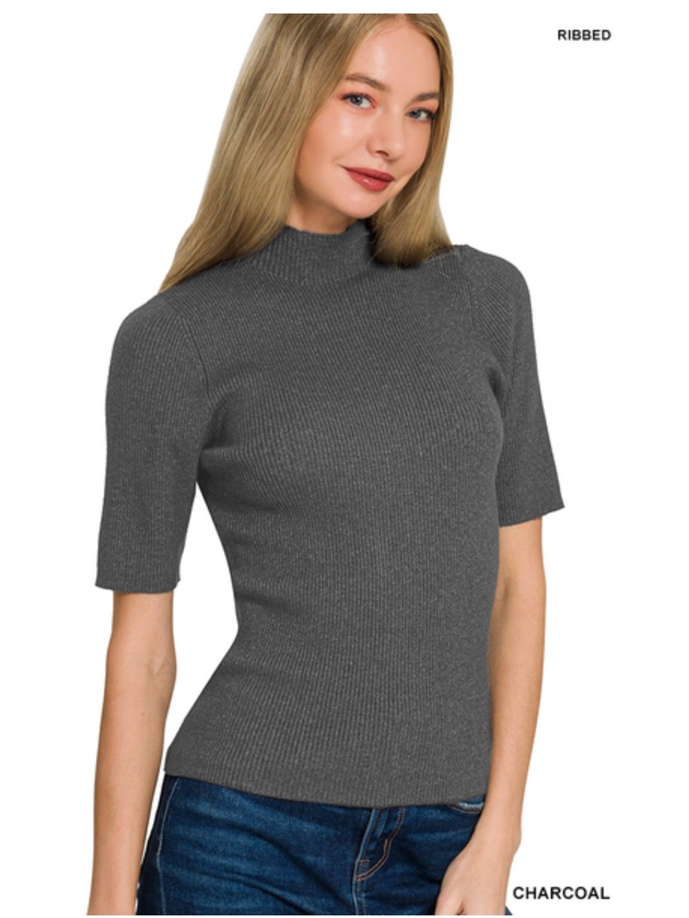 492 ❤️ charcoal SOFT STRETCHY VISCOSE MOCK RIBBED SWEATER